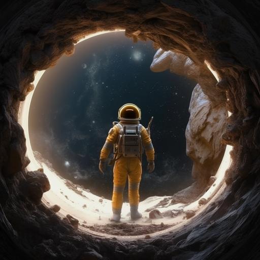 an astronaut in a planet in the space, in the center a gold metal frame, the astronaut in the left side of the frame
