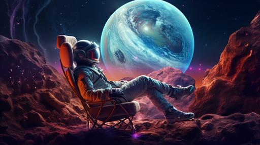an astronaut relaxing in a chair at a colorful planet with a panoramic galactic view. --ar 16:9