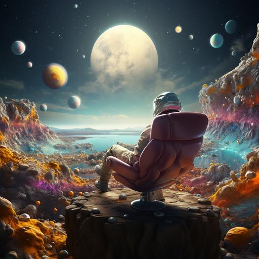 an astronaut relaxing in a chair at a colorful planet with a panoramic galactic view.