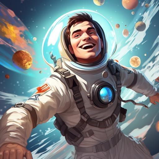 an astronaut smiling and headed to earth in cartoon theme