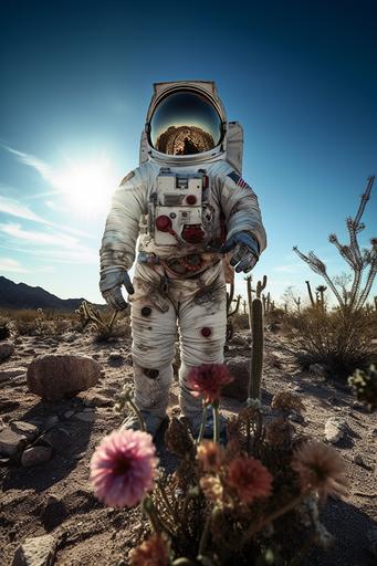 an astronaut, standing on the moon, astronauts body suit is deteriorating, holding a cactus, looking at the camera, surrounded by a field of dead daisies with stary sky behind him, sunlight reflecting off astronauts helmet, photo, global illumination, Backlight, natural lighting, WATER COLOR ultra detailed, super resolution, megapixel, perspective, dark aesthetic, 5- Ultra-Wide Angle, depth of feald, Wildlife 8k, --ar 2:3 --q 2 --v 5 --v 5