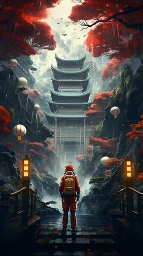 an astronaut walking in a Chinese forest, surrounded by Chinese temples, anime style, --ar 9:16