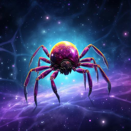 an astronout spider floating in cosmic space, purple and yellow colours with midnight blue hues
