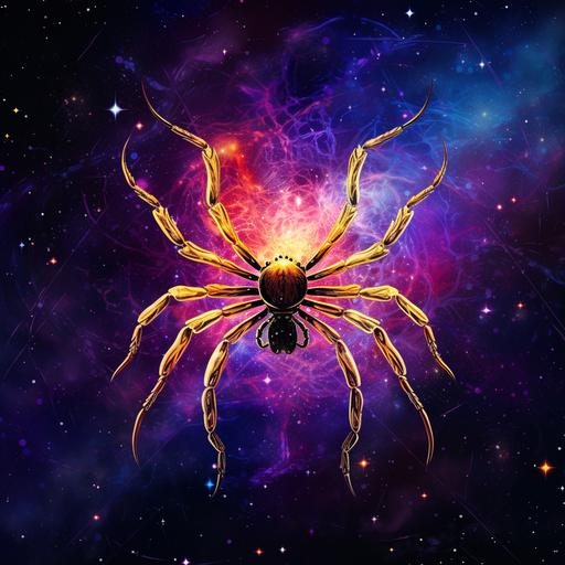 an astronout spider floating in cosmic space, purple and yellow colours with midnight blue hues