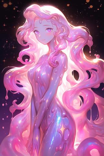 an attractive female slime character, she is made entirely of pink slime, her hair is slimey pink, wooden ship deck with cosmic starlight background, in the art style of Magali Villeneuve, Plasmoid, slimey, --niji 5 --ar 2:3