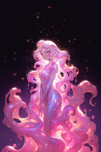 an attractive female slime character, she is made entirely of pink slime, her hair is slimey pink, wooden ship deck with cosmic starlight background, in the art style of Magali Villeneuve, Plasmoid, slimey, --ar 2:3 --niji 5