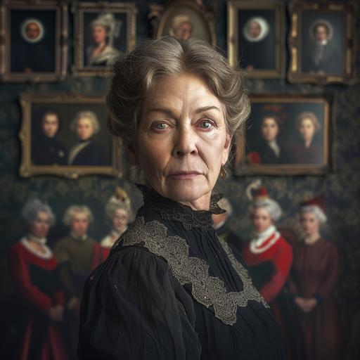 an attractive woman in her 70's, apart of the english royal family, 1891 london, stands looking directly at the camera in front of a backdrop of a wall of family portraiture, cinematic shot, shadowed, realism