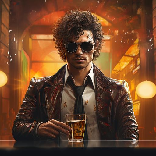 an australian male business executive with bohemian clothes and mirrored shades and short curly hair, hlding a heavy pistol, cyberpunk style, cyberpunk character, 8k