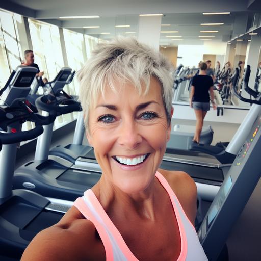 an authentic selfie of an active middle-aged woman engaging in physical activity on a treadmill