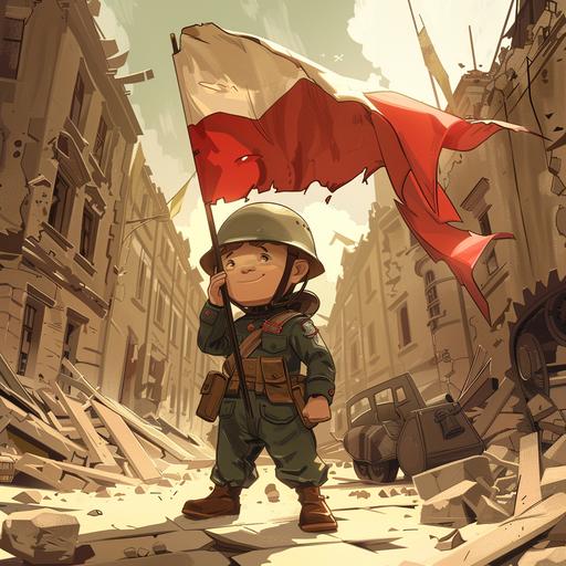 an avatar of a little insurgent, a historical figure of a boy full of verve and courage, a small caricatural figure of a 6-year-old boy, in an oversized helmet and an oversized green military uniform. Polish flag in hand, in cartoon style, figure on the background to be cut out, fully visible, positive - @MadHelia (fast) --v 6.0
