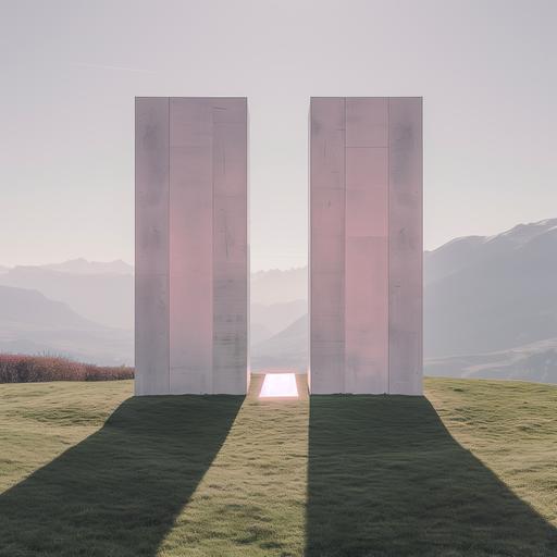 an award winning elegant, beautiful minimal photography of architectural sculpture, 2 long white walls facing each other, out side made of white vent blocks and inside made of baby pink tiles, standing on the grass landscape of calming beautiful nature at German hill, you can see the mountains in the distance, 8k, photo realisti --v 6.0
