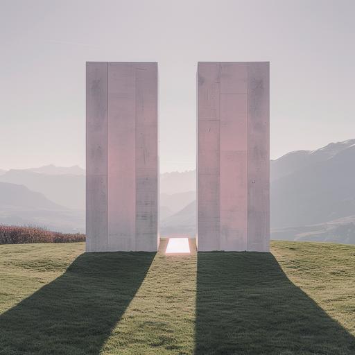 an award winning elegant, beautiful minimal photography of architectural sculpture, 2 long white walls facing each other, out side made of white vent blocks and inside made of baby pink tiles, standing on the grass landscape of calming beautiful nature at German hill, you can see the mountains in the distance, 8k, photo realisti