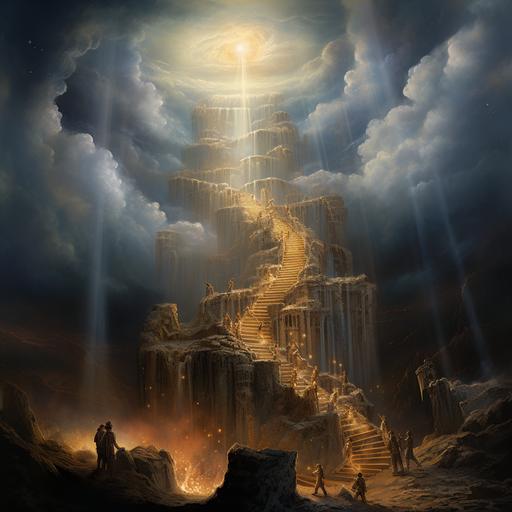 an awe-inspiring scene of Jacob’s ladder to heaven with angels going up and down the ladder, high def