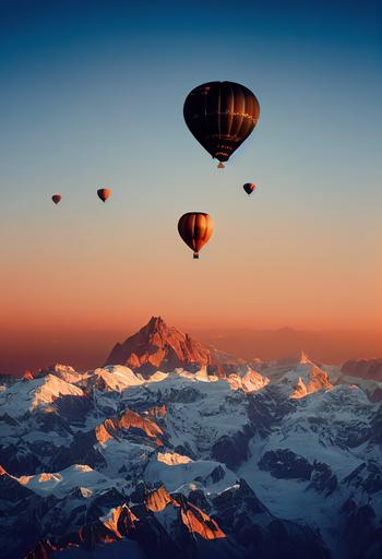 an black and white hot air balloon flying over the Alps and passing few centimeters above the Mont Blanc at sunrise. 64 K, Ultra-Wide Angle, Depth of Field. Octane render, Intricate details, very realistic. --testp --ar 64:128 --s 5000 --upbeta
