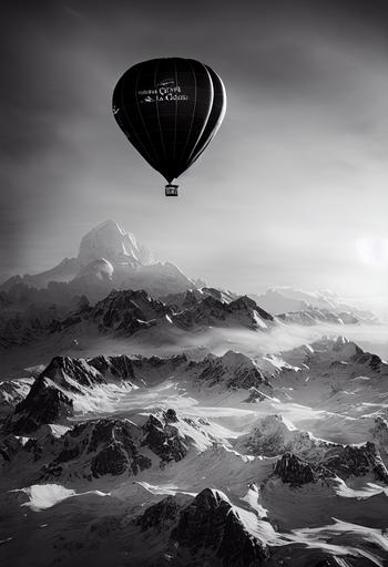 an black and white hot air balloon flying over the Alps and passing few centimeters above the Mont Blanc at sunrise. 64 K, Ultra-Wide Angle, Depth of Field. Octane render, Intricate details, very realistic. --testp --ar 64:128 --s 5000 --upbeta