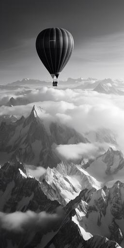 an black and white hot air balloon flying over the Alps and passing few centimeters above the Mont Blanc at sunrise. 64 K, Ultra-Wide Angle, Depth of Field. Octane render, Intricate details, very realistic. --ar 64:128 --upbeta --v 5.2
