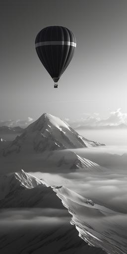 an black and white hot air balloon flying over the Alps and passing few centimeters above the Mont Blanc at sunrise. 64 K, Ultra-Wide Angle, Depth of Field. Octane render, Intricate details, very realistic. --ar 64:128 --upbeta --v 5.2
