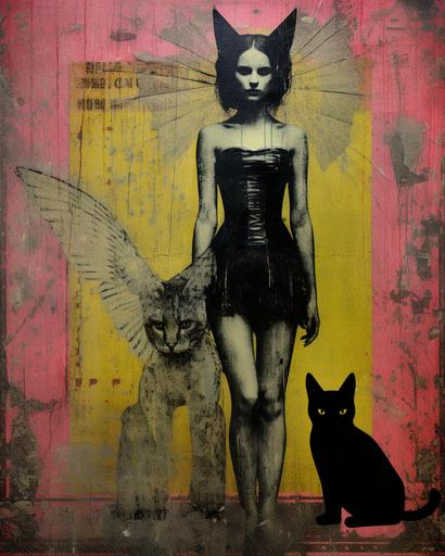 an black cat and an angel in a painting, in the style of trash polka butcher billy, concrete poetry, violet and magenta, katia chausheva, poignant, quietly poetic, humor meets heart --ar 4:5