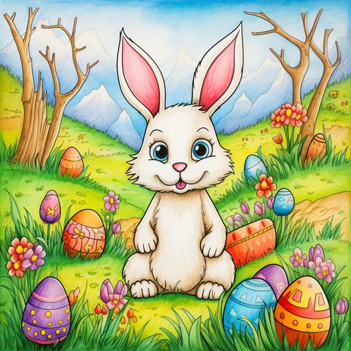 an easter bunny in a meadow hiding easter eggs, cartoon style, use colored pencils to color, ar-- 2:3 --v 5.2