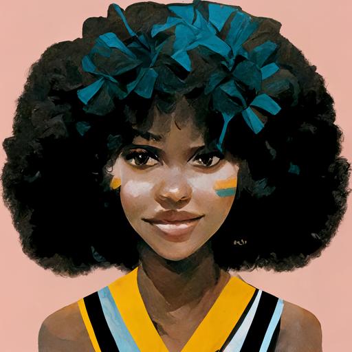 an ebony teen with an afro asking a ebony cheerleader to prom 1980's theme highschool setting