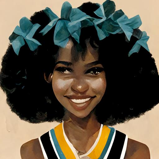 an ebony teen with an afro asking a ebony cheerleader to prom 1980's theme highschool setting