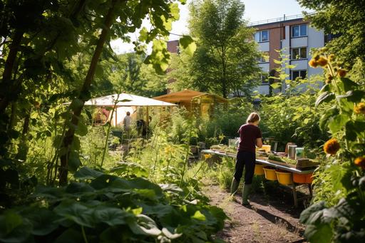 an edible forest in a German city, dense tree canopy. In the forest, there is fruit trees growing and currant bushed which children pick berries from. there is herbs like basil, thyme, mint and sage growing in between the tree stems and the bushes. there is a beekeeper tending to their bees. --ar 3:2