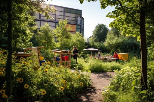 an edible forest in a German city park. In the forest, there is fruit trees growing and currant bushed which children pick berries from. there is herbs like basil, thyme, mint and sage growing in between the tree stems and the bushes. there is a beekeeper tending to their bees. --ar 3:2