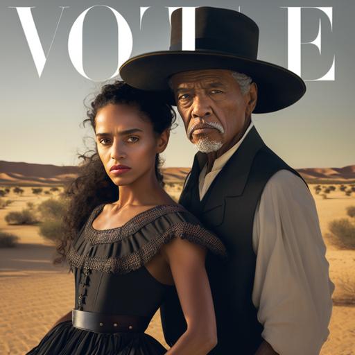 an editorial cover photo for vogue magazine of an older Mexican man wearing a vaquero hat and vest and a beautiful young Mexican woman in a black short flared Christian Dior dress striking a model pose, shot in a desert scene, photorealistic, detailed, color graded, portrait, natural lighting, photographed by Annie Leibovitz