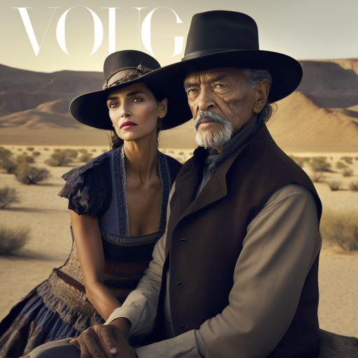an editorial cover photo for vogue magazine of an older Mexican man wearing a vaquero hat, a bespoke shirt and vest and a beautiful young Mexican woman in a black short flared Christian Dior dress striking a model pose, shot in a desert scene, photorealistic, detailed, color graded, portrait, natural lighting, photographed by Annie Leibovitz