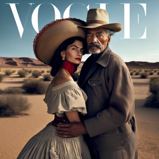 an editorial cover photo for vogue magazine of an older Mexican man wearing a vaquero hat and a beautiful young Mexican woman in a Christian Dior dress striking a model pose, shot in a desert scene, photorealistic, detailed, natural lighting, photographed by Annie Leibovitz