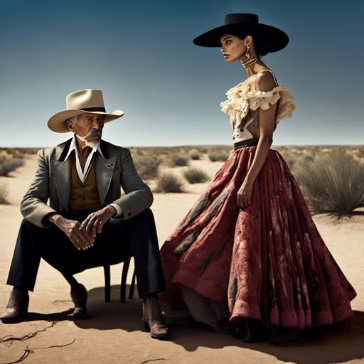 an editorial photo for vogue of an older Mexican man wearing a vaquero hat and a beautiful young Mexican woman in a Dior dress stringing a model pose, shot in a desert scene, photorealistic, natural lighting, full body shot, low angle shot, photographed by Annie Leibovitz