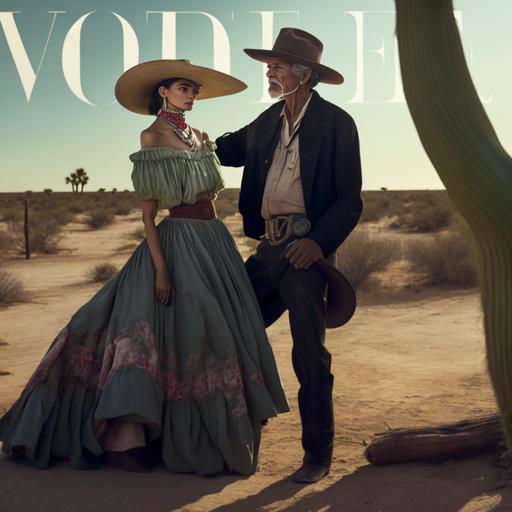 an editorial photo for vogue of an older Mexican man wearing a vaquero hat and a beautiful young Mexican woman in a Dior dress stringing a model pose, shot in a desert scene, photorealistic, natural lighting, full body shot, low angle shot, photographed by Annie Leibovitz