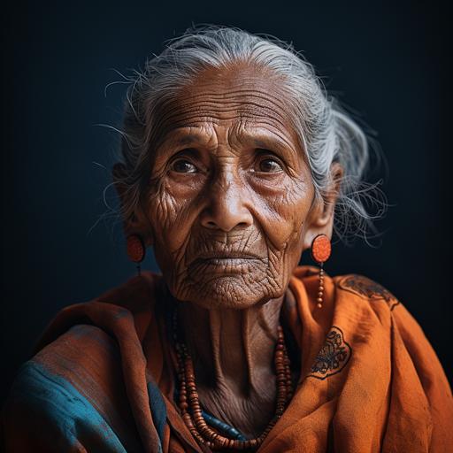 an editorial style hyper realistic photograph with harsh shadows. Shoulders up portrait of an old beautiful wrinkled indian woman with styled hair, orange eyeshadow, strange facial expression looking up into the distance. Proportions a bit off and grotesque.