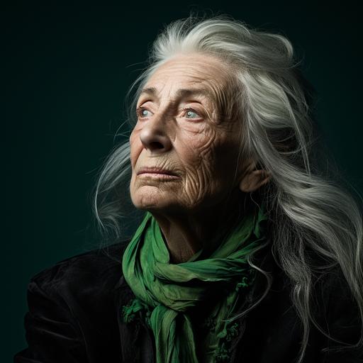 an editorial style hyper realistic photograph with harsh shadows. Shoulders up portrait of an old woman with long styled hair, bright green eyeshadow, strange facial expression looking up into the distance. Proportions a bit off and grotesque.