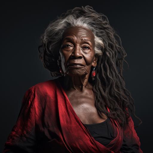 an editorial style hyper realistic photograph with harsh shadows. Shoulders up portrait of an old beautiful wrinkled black woman with long styled hair, red eyeshadow, strange facial expression looking up into the distance. Proportions a bit off and grotesque.