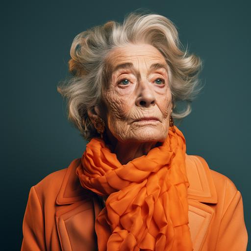 an editorial style hyper realistic photograph with harsh shadows. Shoulders up portrait of an old wrinkled woman with styled hair, bright orange eyeshadow, an orange big sweater, solid background, strange facial expression looking up into the distance. Proportions a bit off and grotesque.