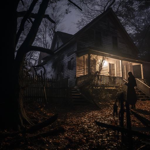 an eerie house sits behind a rugged wooden fence as a lady rakes leaves by the front porch, ultra realistic photo, dreams of the witch house, HP Lovecraft inspired, cinematic lighting, Sony a7 camera