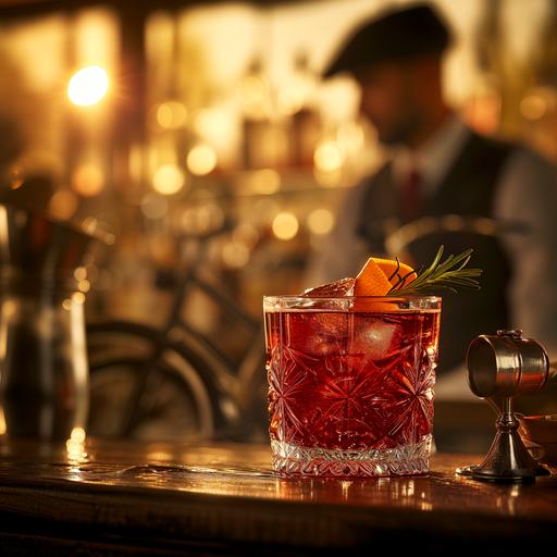 an elegant and sophisticated scene that embodies the spirit of a Negroni. It's set in an Italian cafe, with the deep red cocktail prominently featured, garnished with a sprig of rosemary and an orange twist. The ambiance is enhanced by the warm glow of the setting sun and the leisurely presence of a stylish man riding a vintage bicycle. The overall feel is relaxed yet refined, reflecting the iconic nature and European charm associated with a Negroni --v 6.0 --style raw