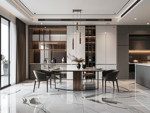 an elegant dining area, kitchen and pantry are shown, in the style of li shuxing, light maroon and dark gray, light white and light bronze, eileen gray, marble, ultra realistic, clean-lined --ar 4:3