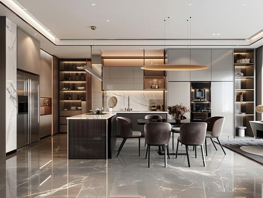 an elegant dining area, kitchen and pantry are shown, in the style of li shuxing, light maroon and dark gray, light white and light bronze, eileen gray, marble, ultra realistic, clean-lined --ar 4:3