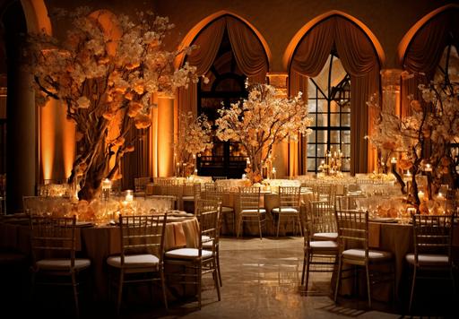 an elegant wedding reception event set up in an elegant hall, in the style of light gold and light amber, whimsical florals, phoenician art, saturated color schemes, figuratively textured, dusty piles, festive atmosphere --ar 13:9