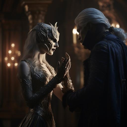 an elegantly dressed male drow elf in an ornate mask lightly grabs the hand of an elegantly dressed female drow elf in an ornate mask in music hall. Cinematic Lighting. HD