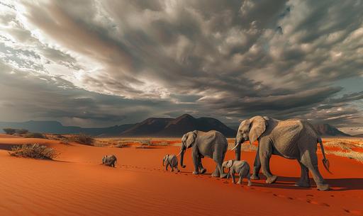 an elephant family walking in the savannah on the edge of red dunes. The elephants are moving on the red sand, after the rains, grey clouds, sun piercing the clouds. In the style of National Geographic, Hasselblad, Josh Adamski, Yann Arthus-Bertrand, Marc Adamus --ar 5:3 --v 6.0