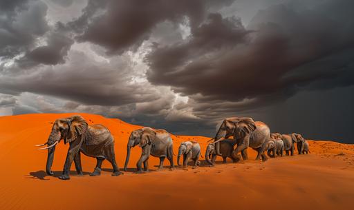 an elephant family walking in the savannah on the edge of red dunes. The elephants are moving on the red sand, after the rains, grey clouds, sun piercing the clouds. In the style of National Geographic, Hasselblad, Josh Adamski, Yann Arthus-Bertrand, Marc Adamus --ar 5:3 --v 6.0