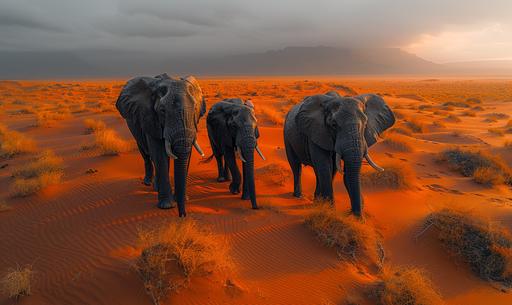 an elephant family walking in the savannah on the edge of red dunes. The elephants are moving on the red sand, after the rains, grey clouds, sun piercing the clouds. In the style of National Geographic, Hasselblad, Josh Adamski, Yann Arthus-Bertrand, Marc Adamus --ar 5:3 --v 6.0 --s 1000