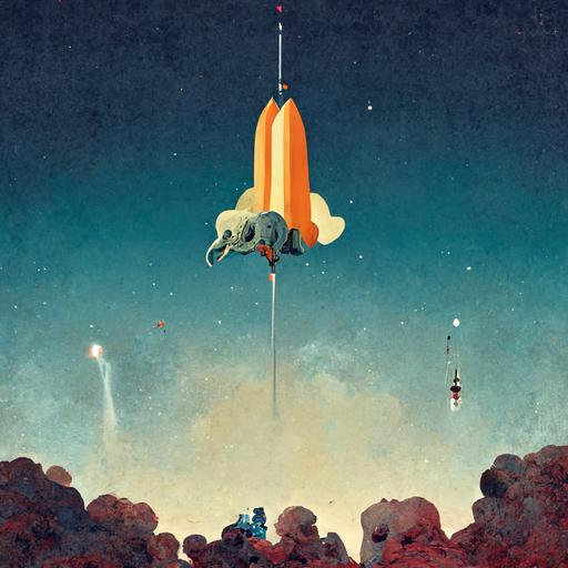 an elephant flying in space with a giraph next to a rocket