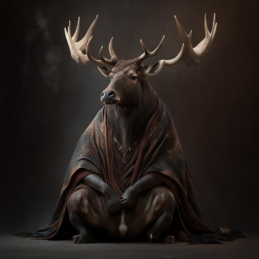 an elk, sitting crossed, meditating, wearing dark brown robes, 8k resolution