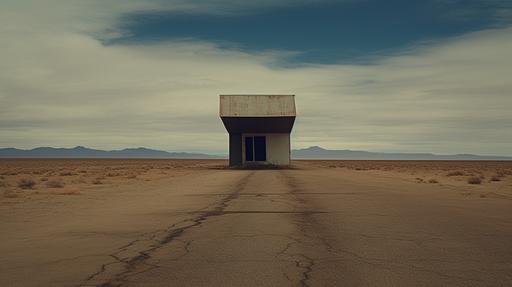 an elongated house in the middle of nowhere, brutalist liminal space, feeling lost, everyone is missing, last known photo, found footage, tilted perspective, illusionary, inspired by frank lloyd wright and david lynch, cleaned up crime scene --ar 16:9 --c 12 --w 64