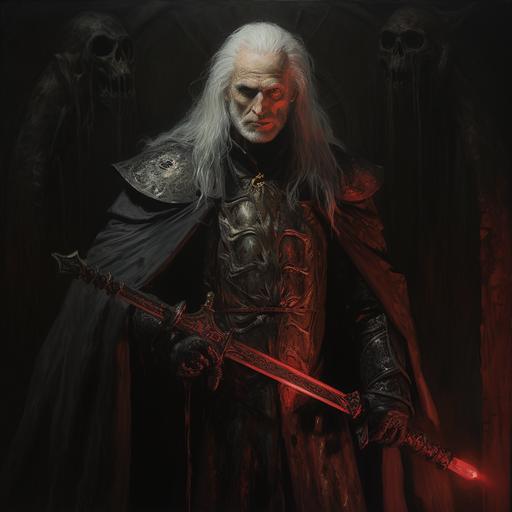 an emaciated, gaunt man with pure white skin, long silver-white hair and red eyes, dressed in black armor, holding a glowing red, six-foot long, ebony black sword, painted in a Renaissance, oil-painting style