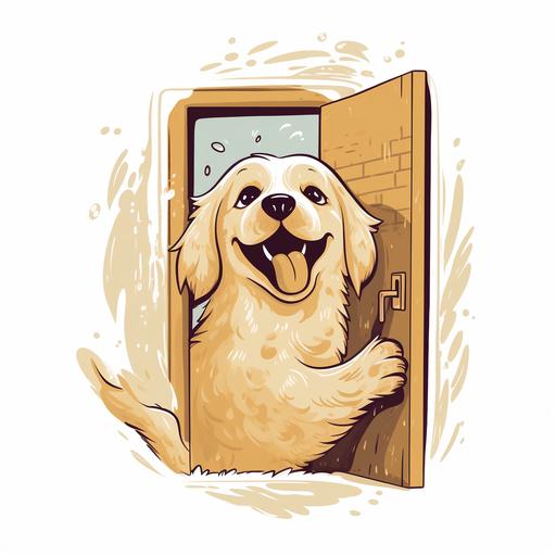 an emblem of a cute and cuddly golden retriever opening a door, a cheerful expression,set against a white background, emphasizing the playful and whimsical nature of the character, by Allie Brosh, illustraion, logo, emblem --v 5